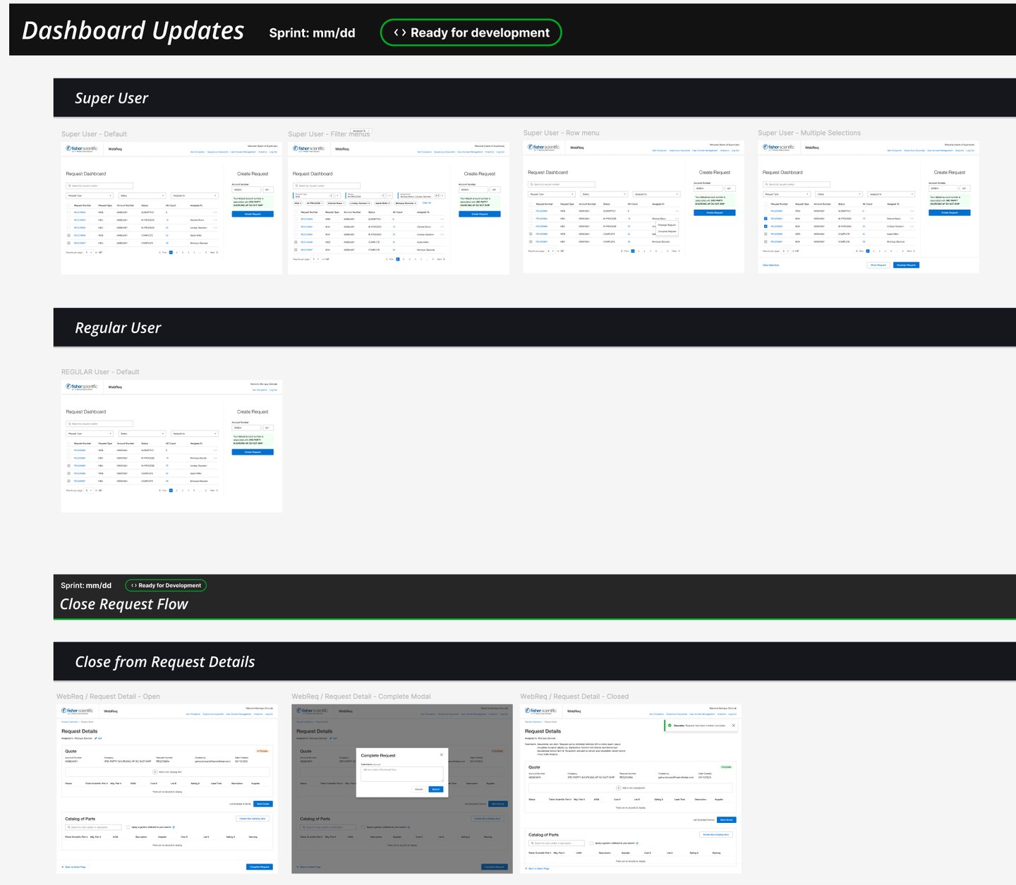 UI design mockups for super user and regular user dashboards showing request flow and details.