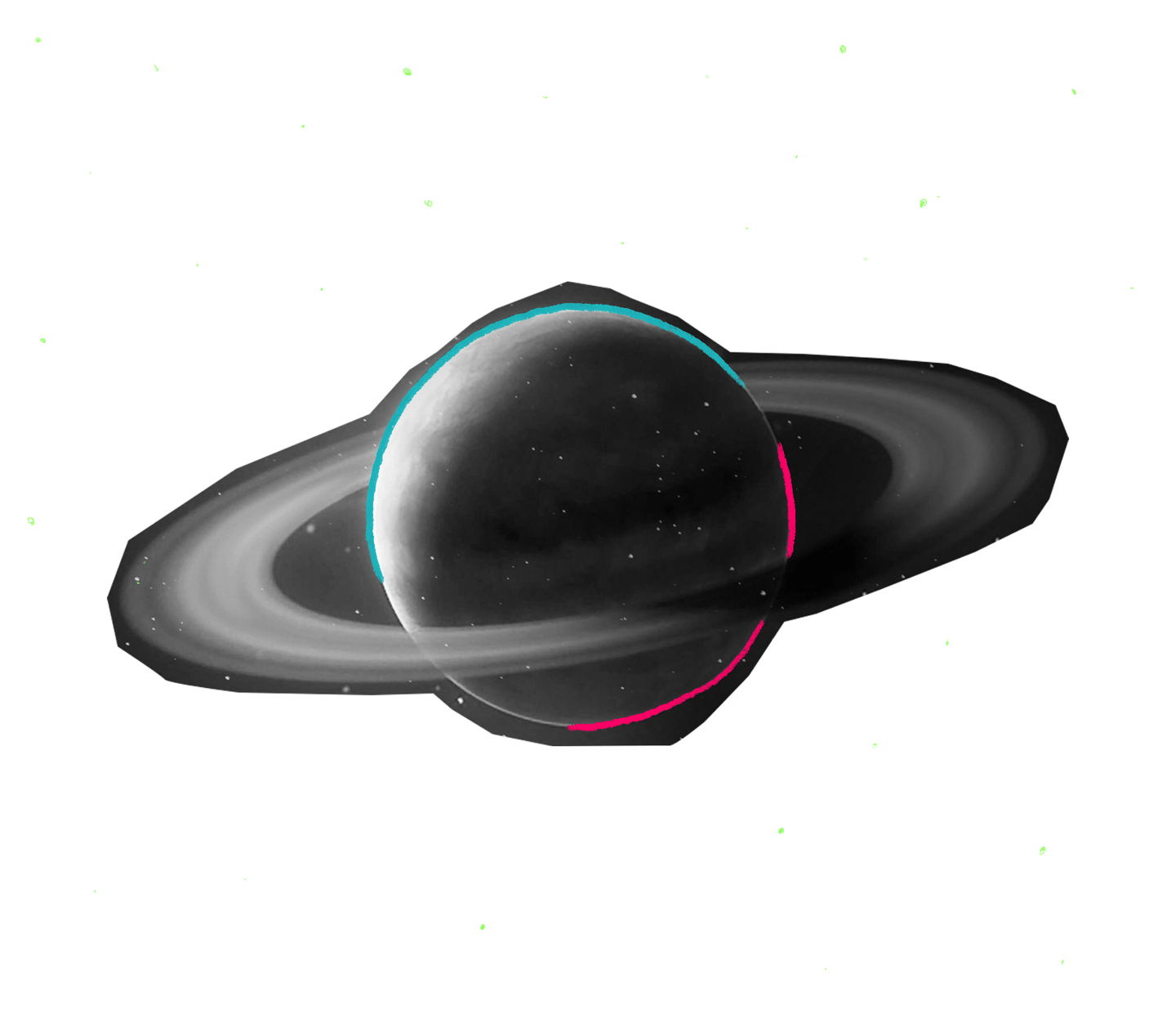 Imagem preta e branca de Saturno com linhas coloridas em volta do planeta