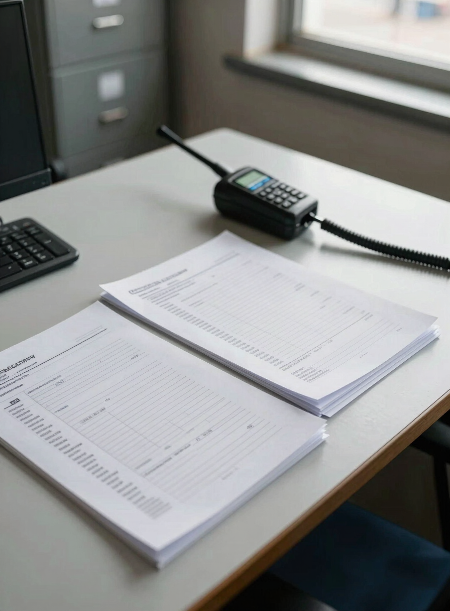 Close overhead view of cargo manifest paperwork spread across a worn desk at a port coordination office, a radio handset resting on the documents, natural window light falling across the scene, steel filing cabinets visible in the background