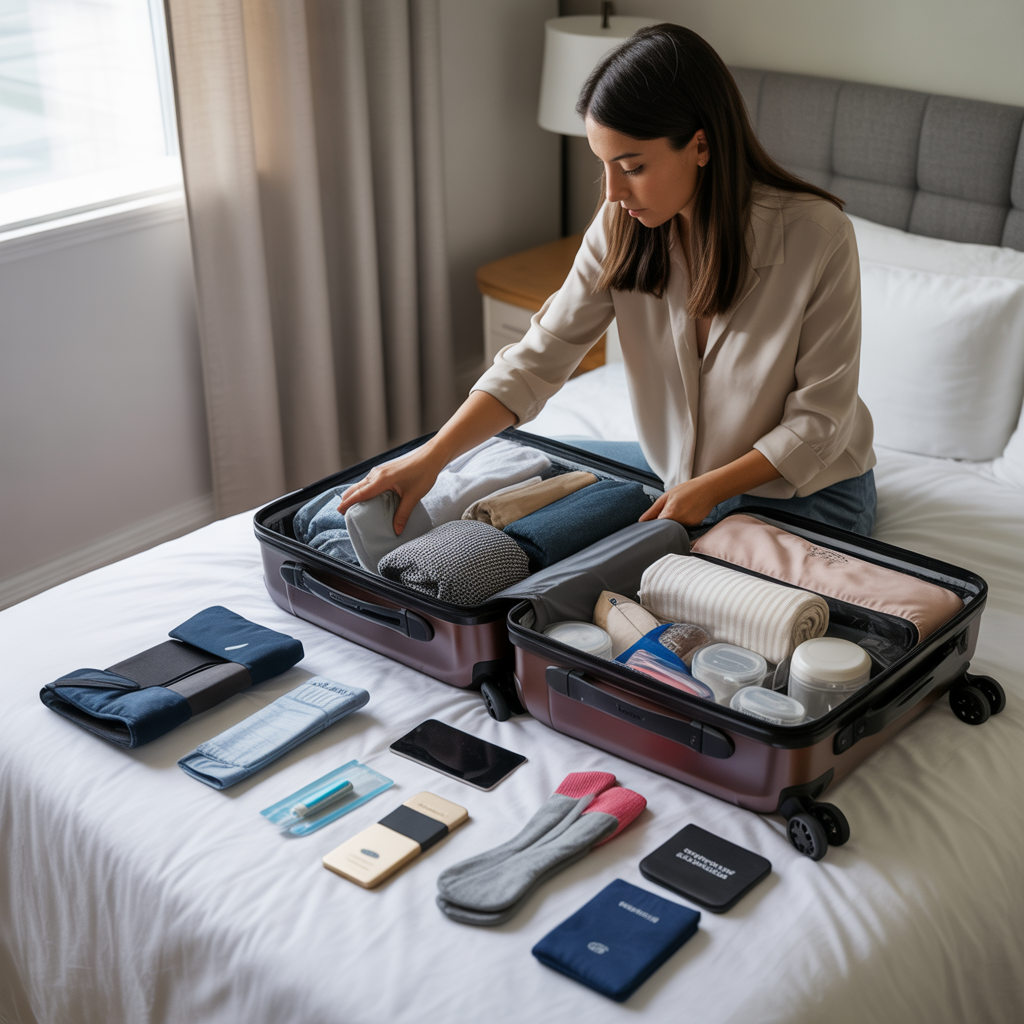 A woman organizing her suitcase with packing cubes and travel essentials on a bed.