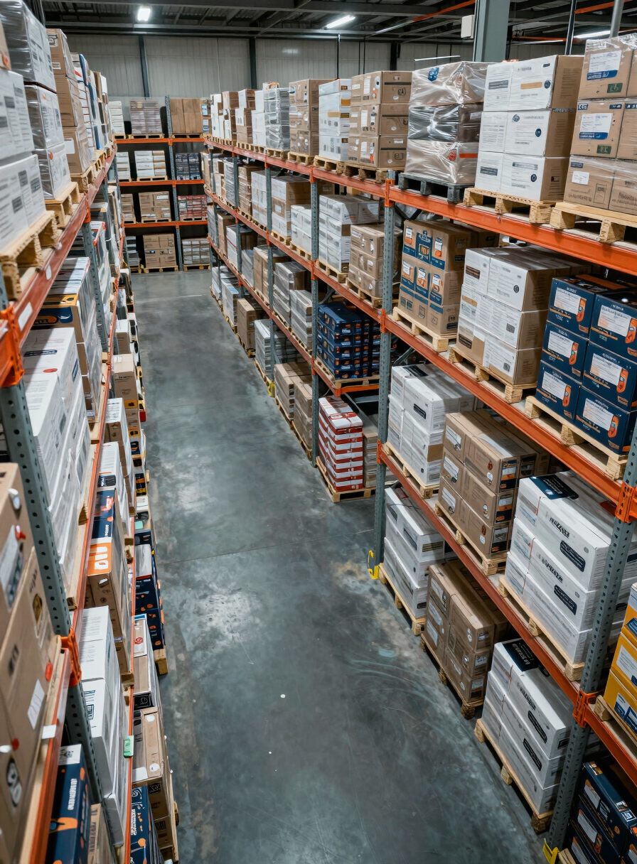 Wide environmental shot inside a distribution center, overhead view looking down a cross-aisle intersection where uniformly labeled product cartons are arranged on industrial shelving units, cool even daylight from skylights above, no workers visible, clean organized grid of products extending to the edges, sharp focus on labeling and packaging detail