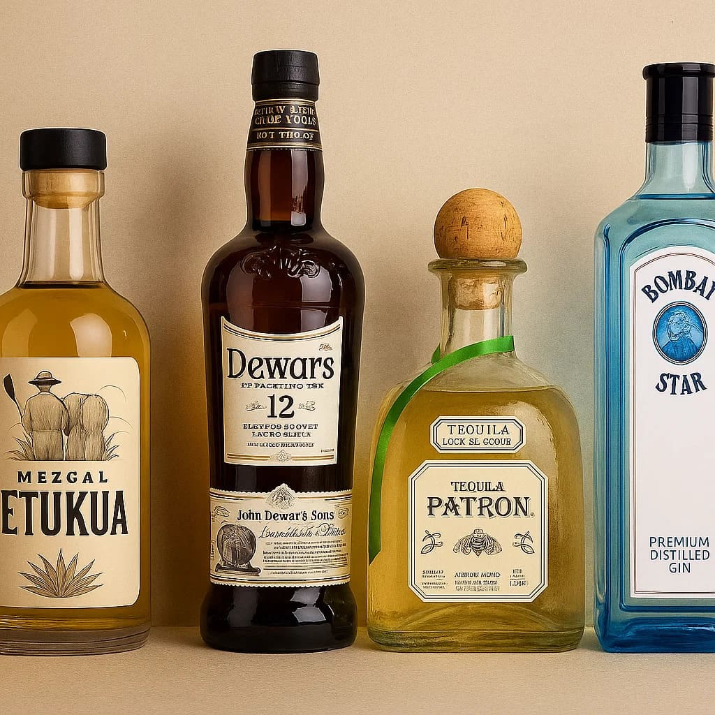 Colección de botellas premium de mezcal, whisky, tequila y ginebra dispuestas para comparación visua