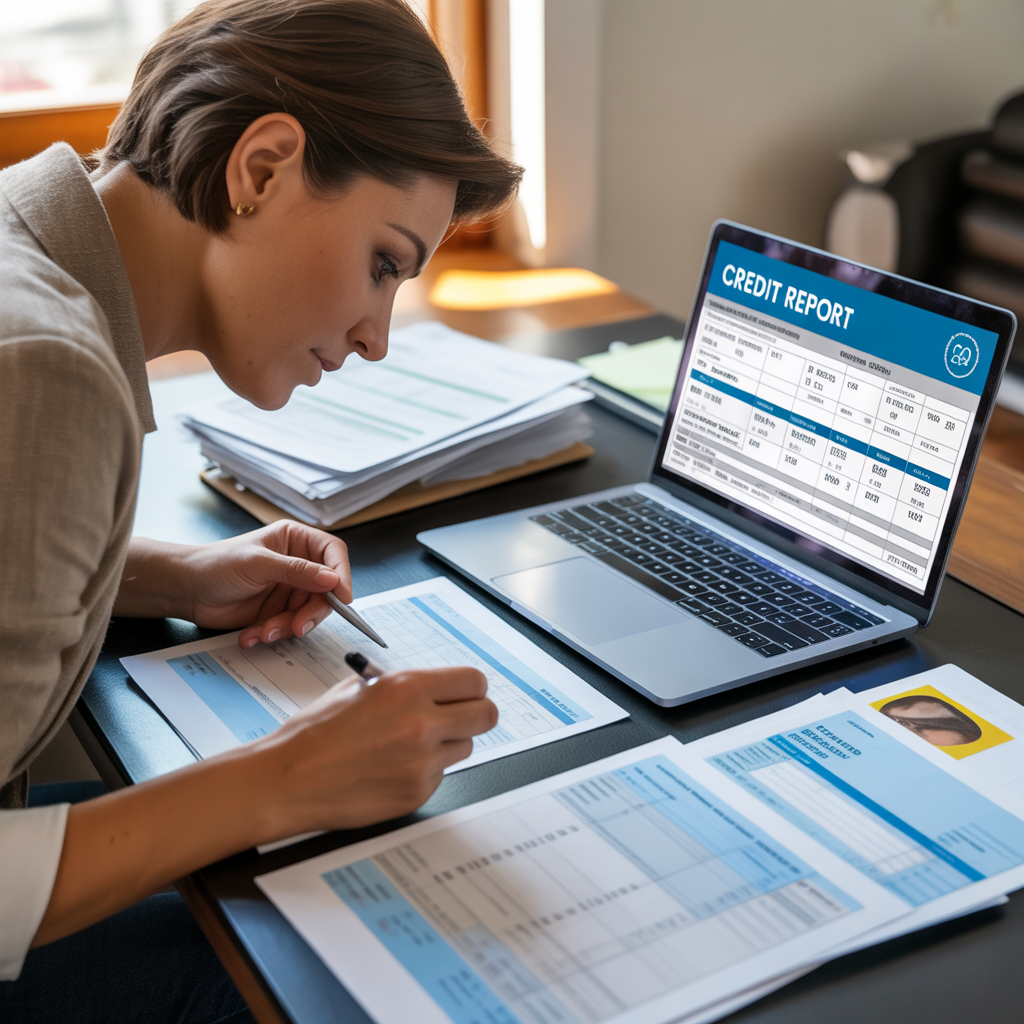 Person reviewing a credit report and financial documents on a laptop while checking credit score