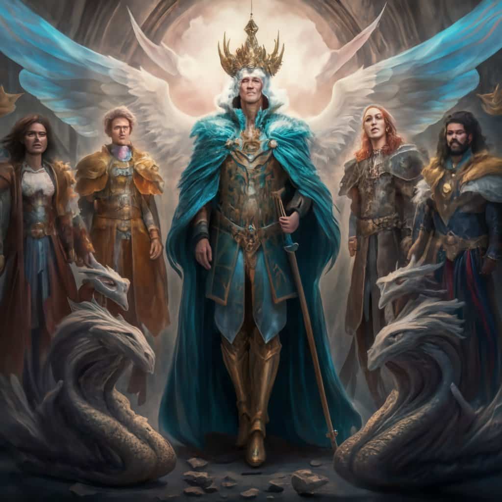 a male angel with a crown and a sword