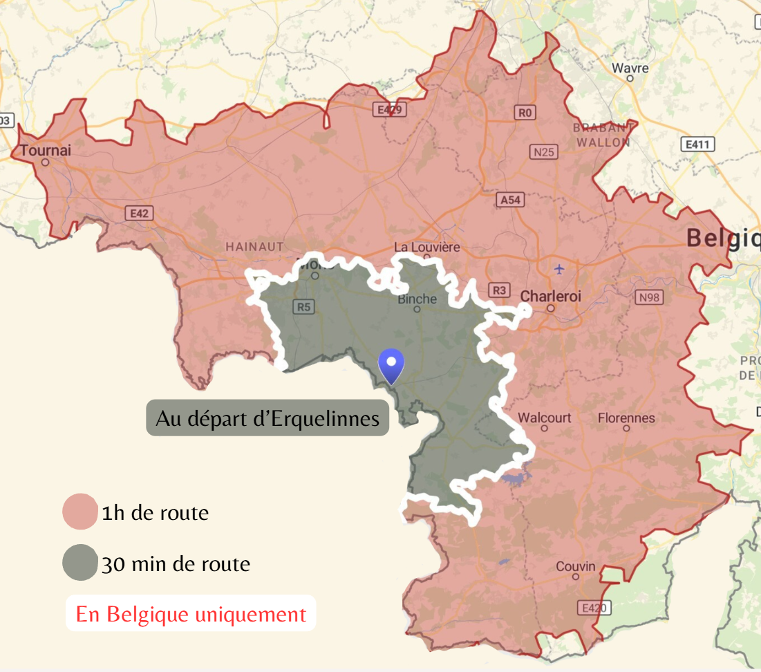 Déplacements dans le Hainaut, Brabant wallon et Namur : Erquelinnes, Mons, Charleroi, Binche, Chimay