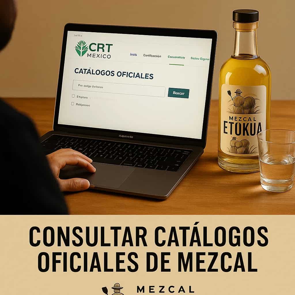 Persona consultando catálogo oficial en laptop con botella de mezcal auténtico
