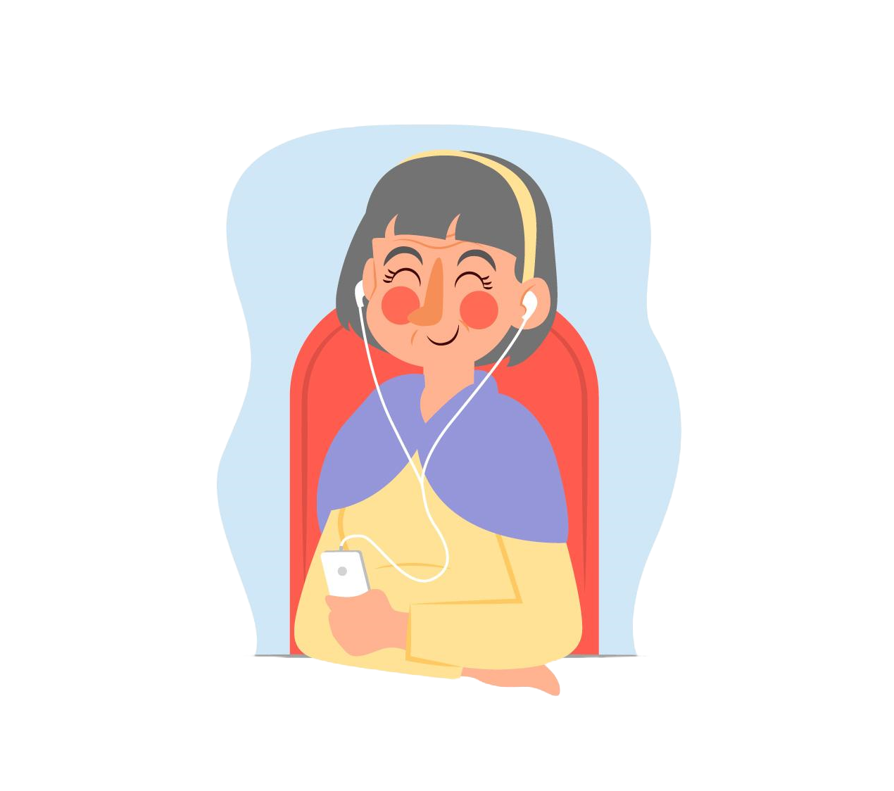 En eldre dame hører på musikk