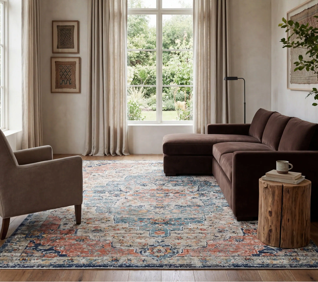 A modern living room featuring a brown sectional sofa and a blue and terracotta distressed area rug.