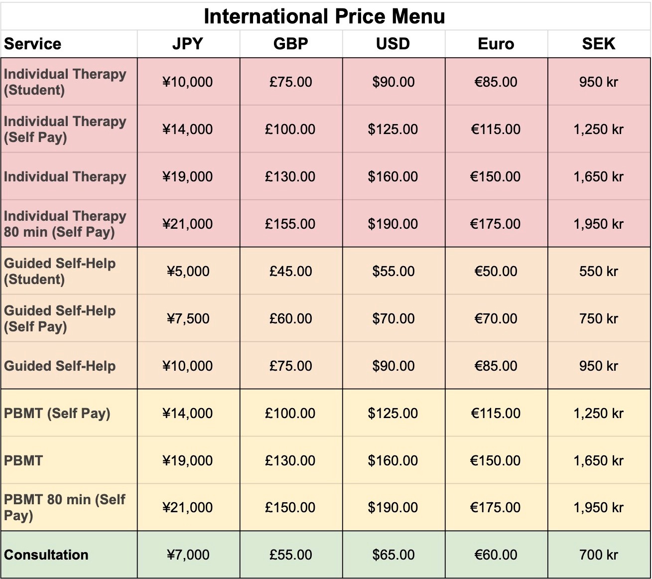 LivFull Psychology Price Menu