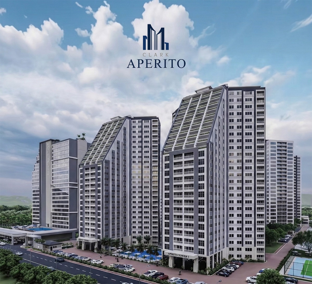 Full exterior perspective view of Aperito Tower residential complex featuring iconic twin towers in 