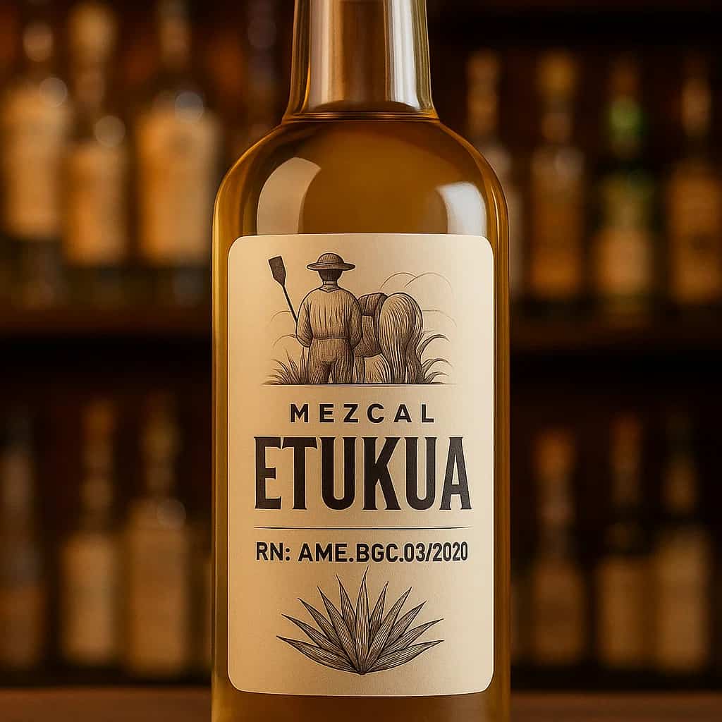 Etiqueta de botella de mezcal mostrando número de registro oficial de productor