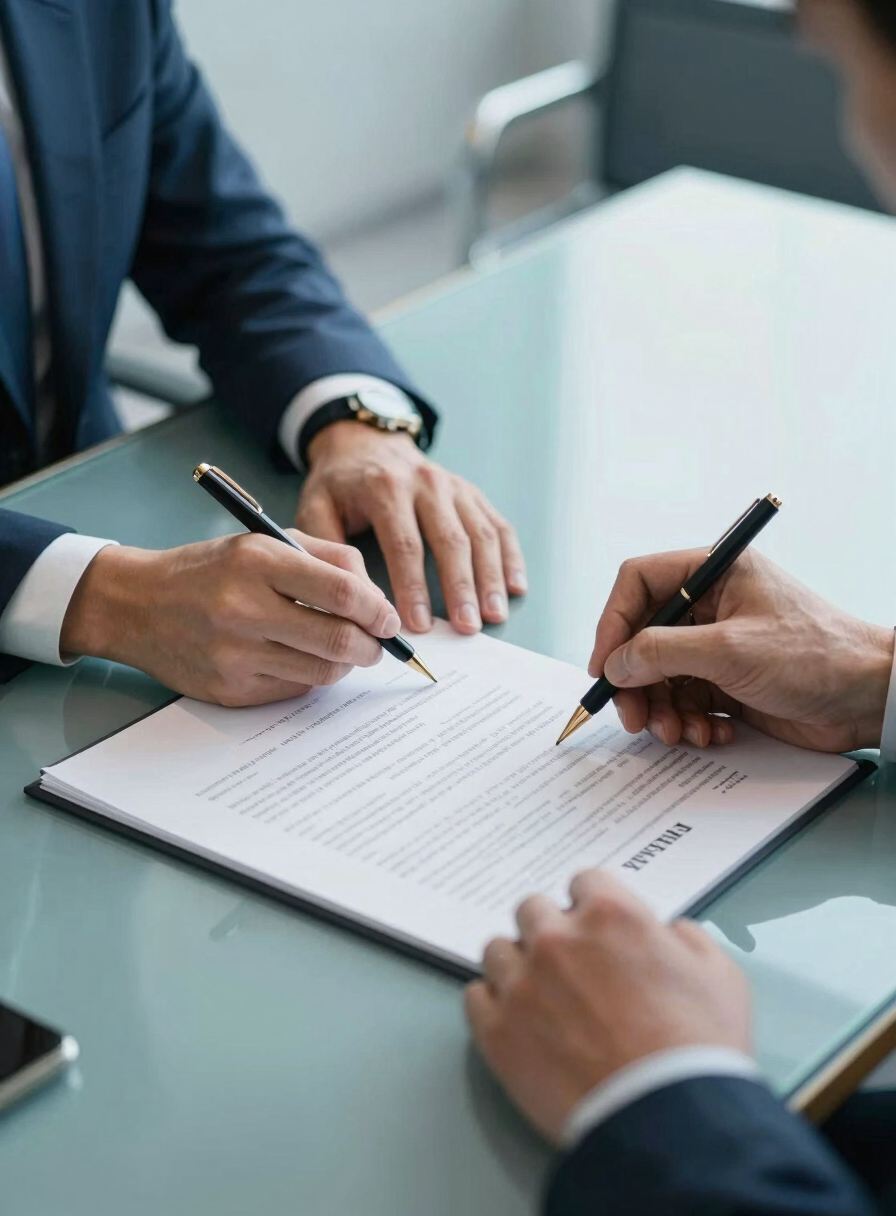 A detailed close-up of a professional partnership agreement being signed in a modern North American / Global Turkish corporate boardroom. The table reflects Soft Steel Blue and Muted Ocean Teal lighting, symbolizing trust and brand security.
