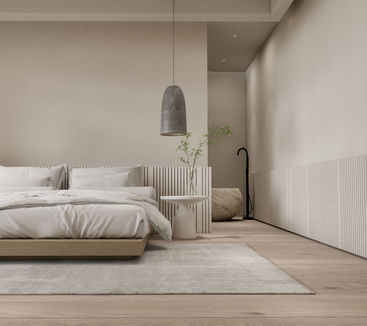 Residential luxury bedroom with a bed and a lamp