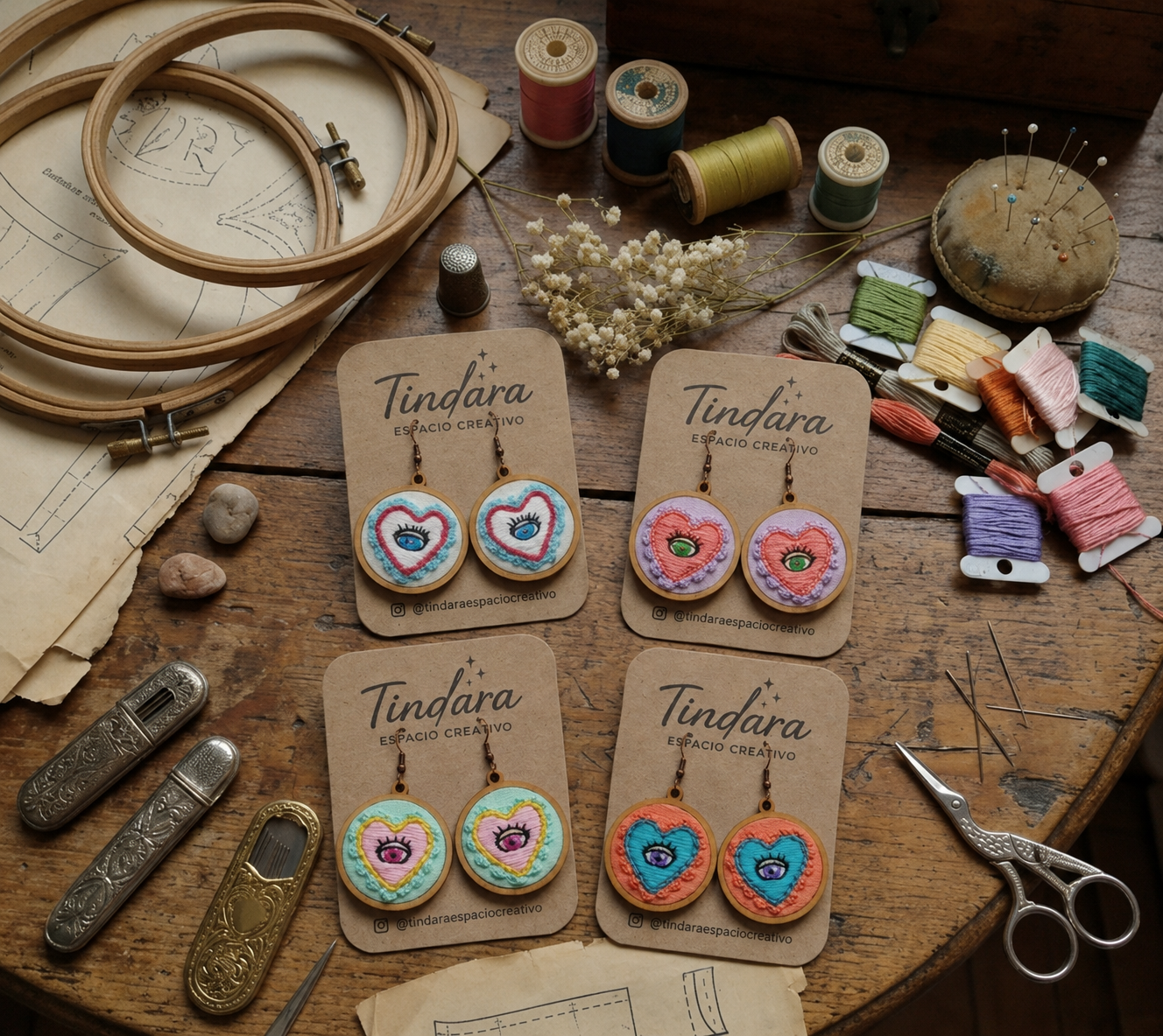 Pendientes de milagritos mexicanos bordados a mano en diferentes colores sobre una mesa de madera