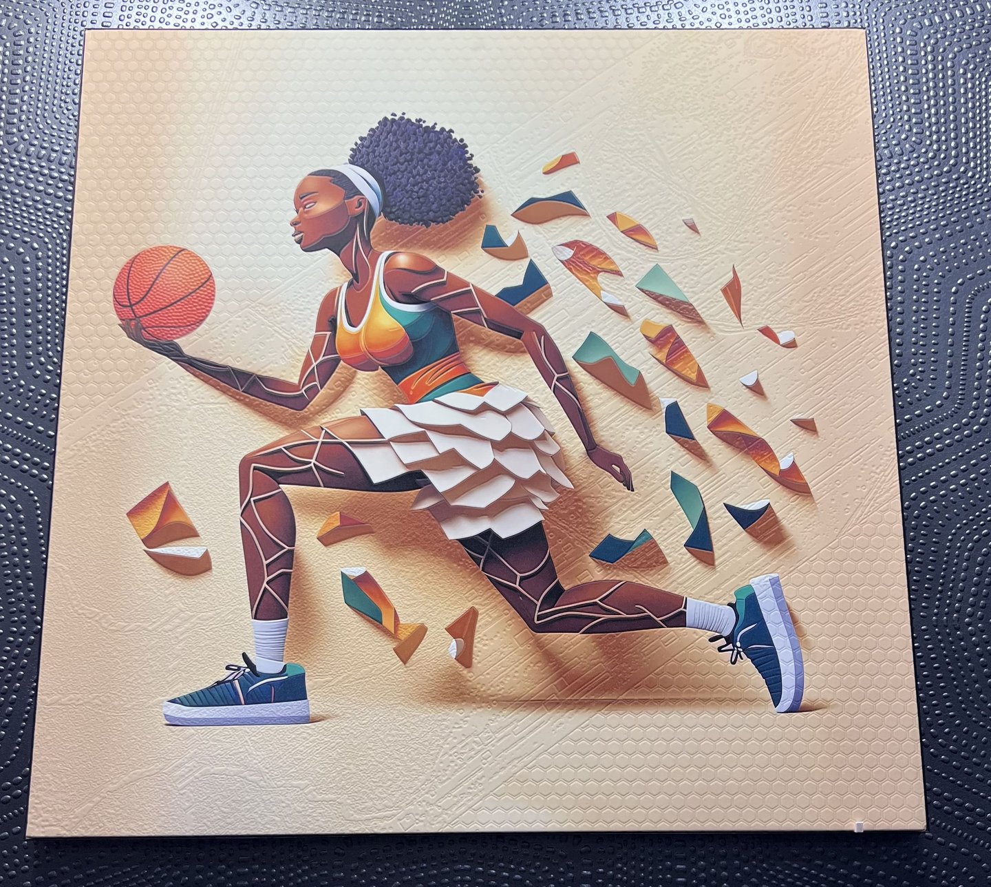 Close-up of Basketball Girl canvas texture on suede textile backing