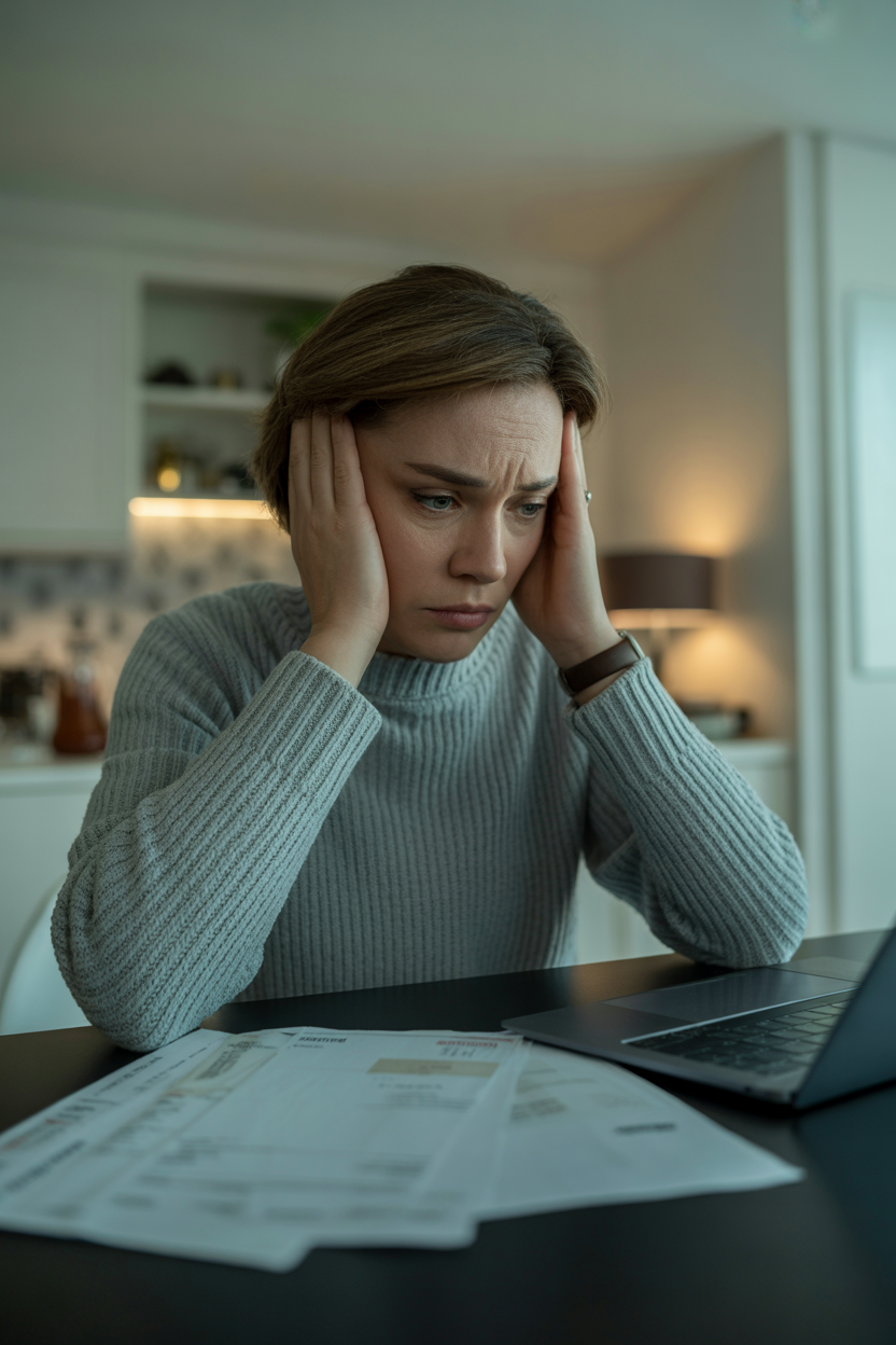 Stressed woman holding her head while reviewing financial bills and laptop at home.