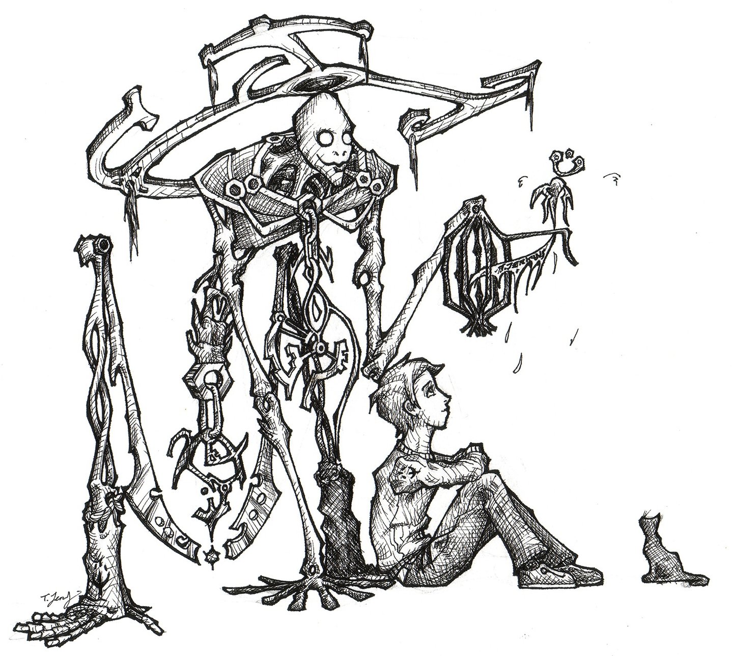 Pen crosshatch fantasy illustration of a young boy and a guardian skeletal demon