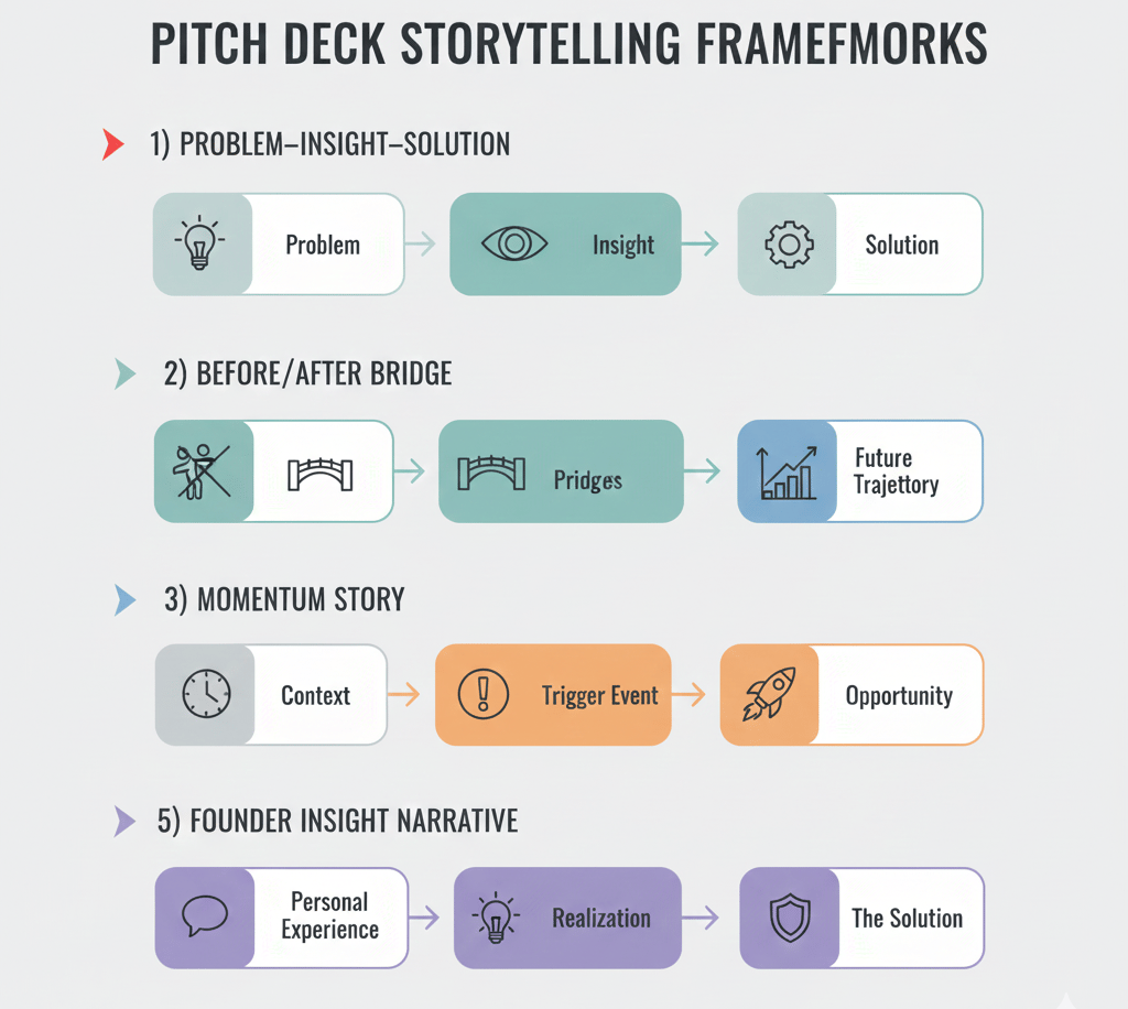 Infographic showing storytelling frameworks used in pitch decks, including Problem–Insight–Solution