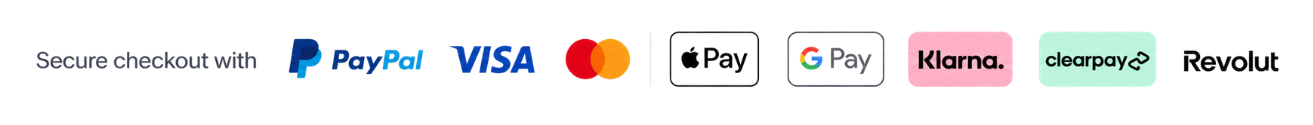 Secure checkout logos including PayPal, Visa, Mastercard, Google Pay, Klarna, and Clearpay.