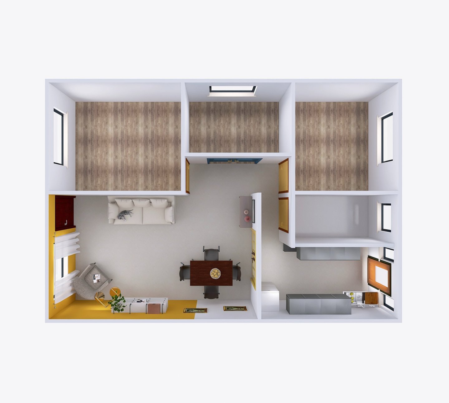 Plano 3D de distribución de interiores para departamento moderno por Atípico Studio