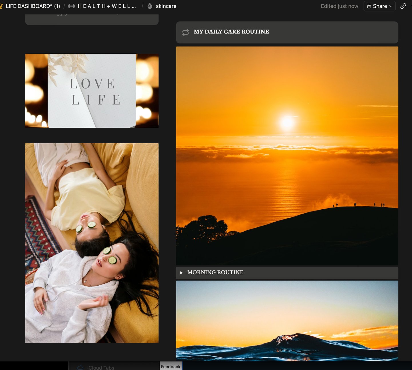 Digital mood board featuring a sunrise over hills, friends with cucumber eye masks, and wellness routine icons.