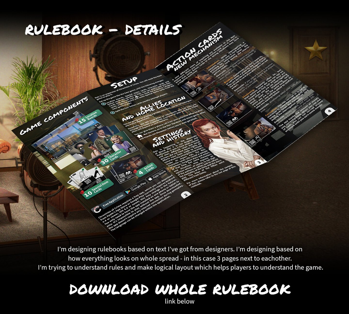 Rulebook design and layout for Chronicles of Crime: Noir