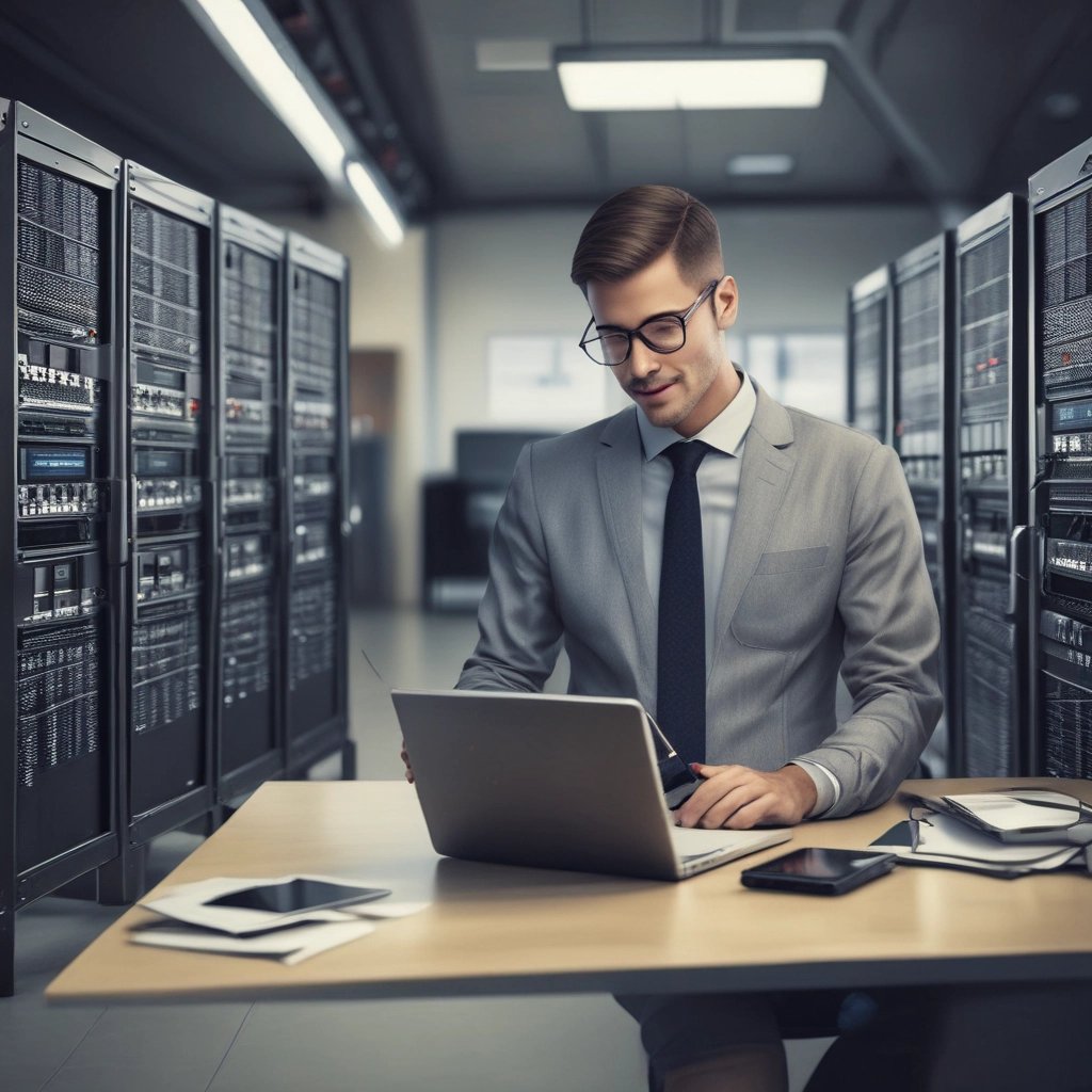 a man in a suit and tie is sitting at a table with a laptop
