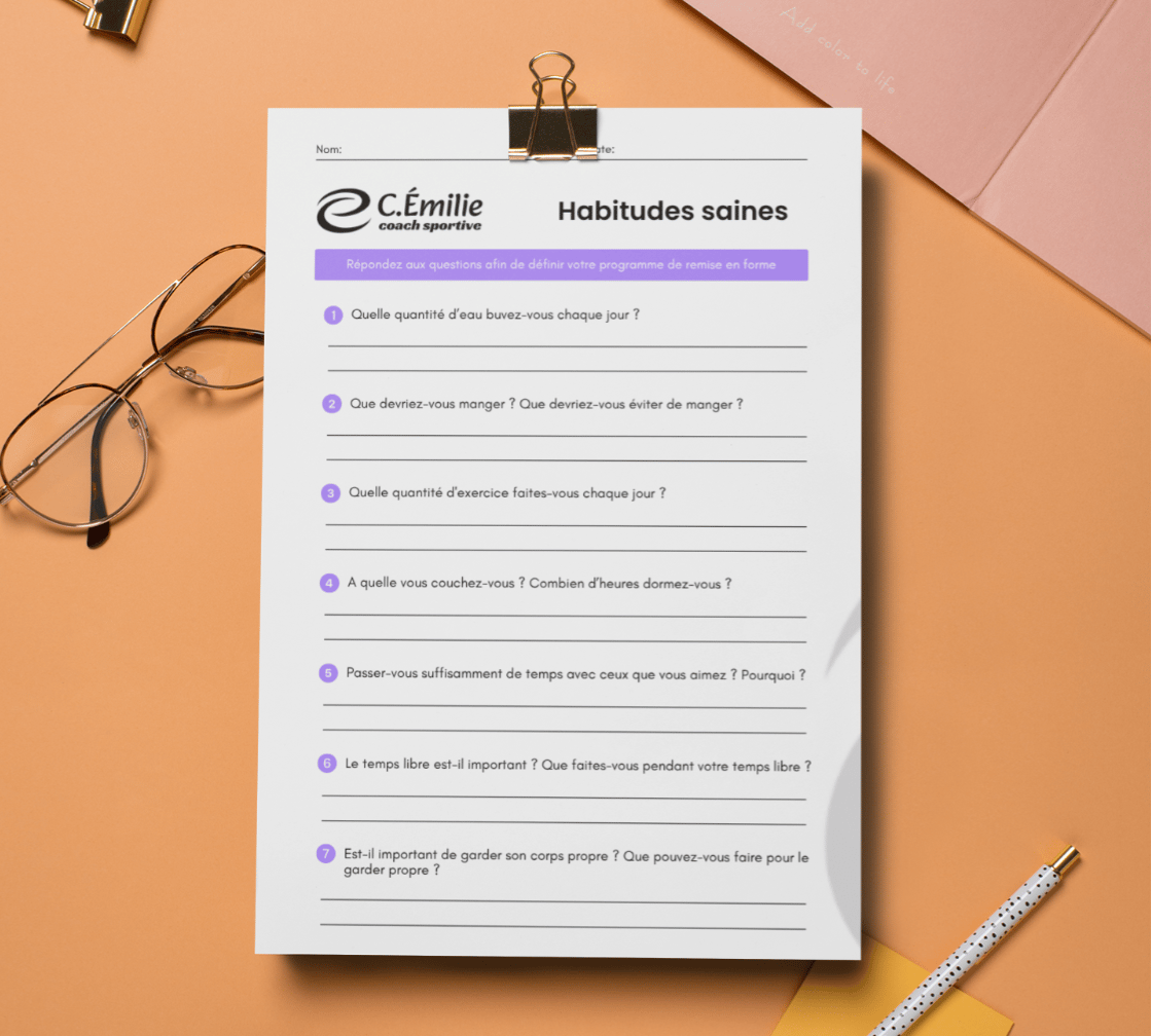 Identité visuelle pour coach avec une fiche d'exercices de suivi des habitudes de coaching.