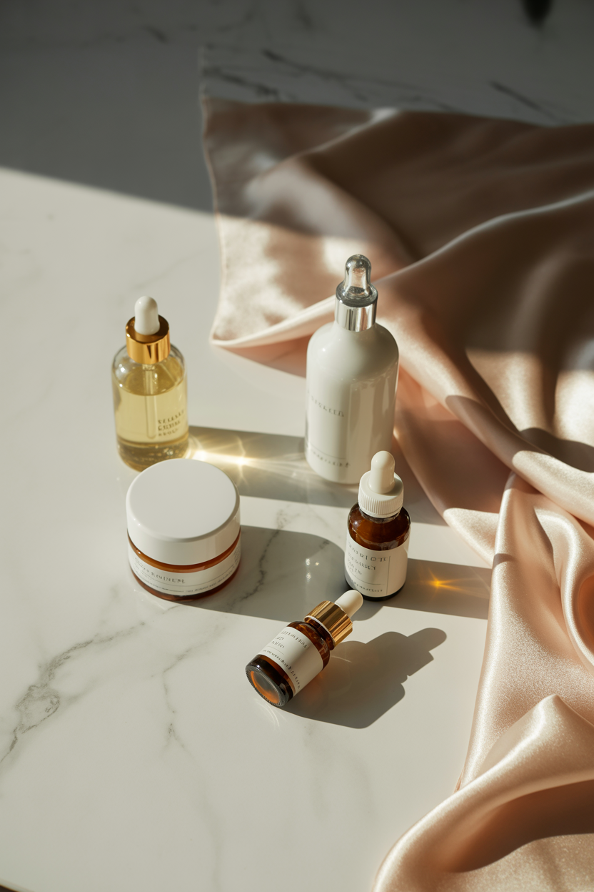 Luxury skincare serum bottles and cream jar on a white marble surface with silk fabric.