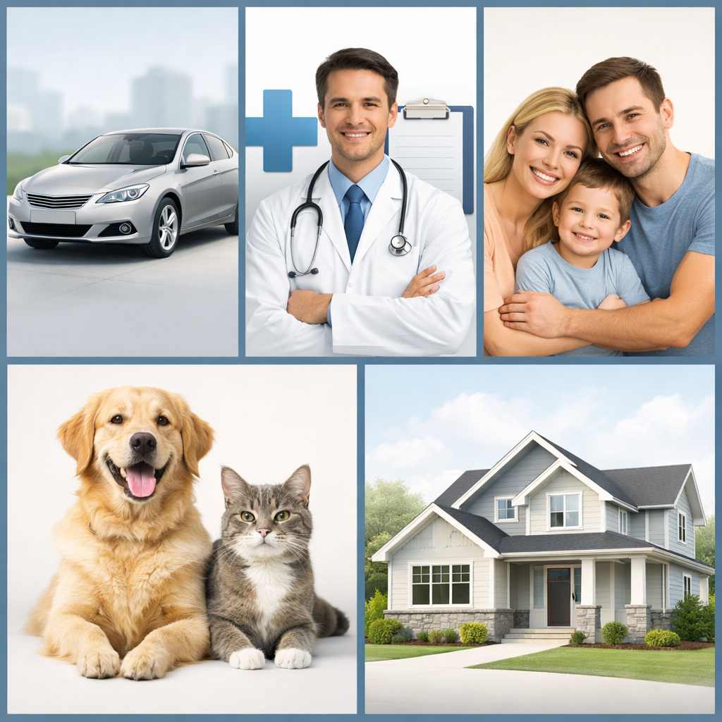 Collage of insurance services including a silver car, doctor, happy family, pet dog and cat, and a modern suburban house.