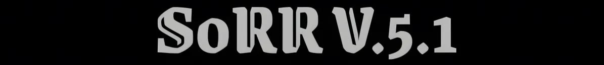 a black and white logo text that says sorr v.5.1