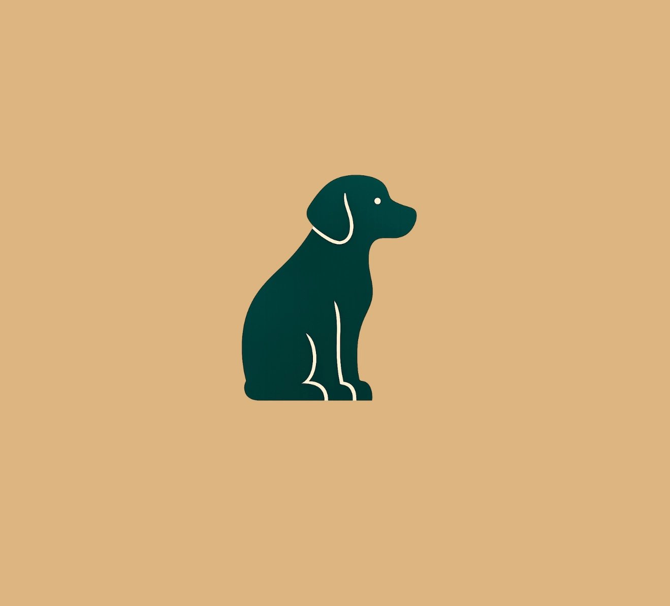Minimalist green silhouette of a sitting dog puppy icon on a tan background.