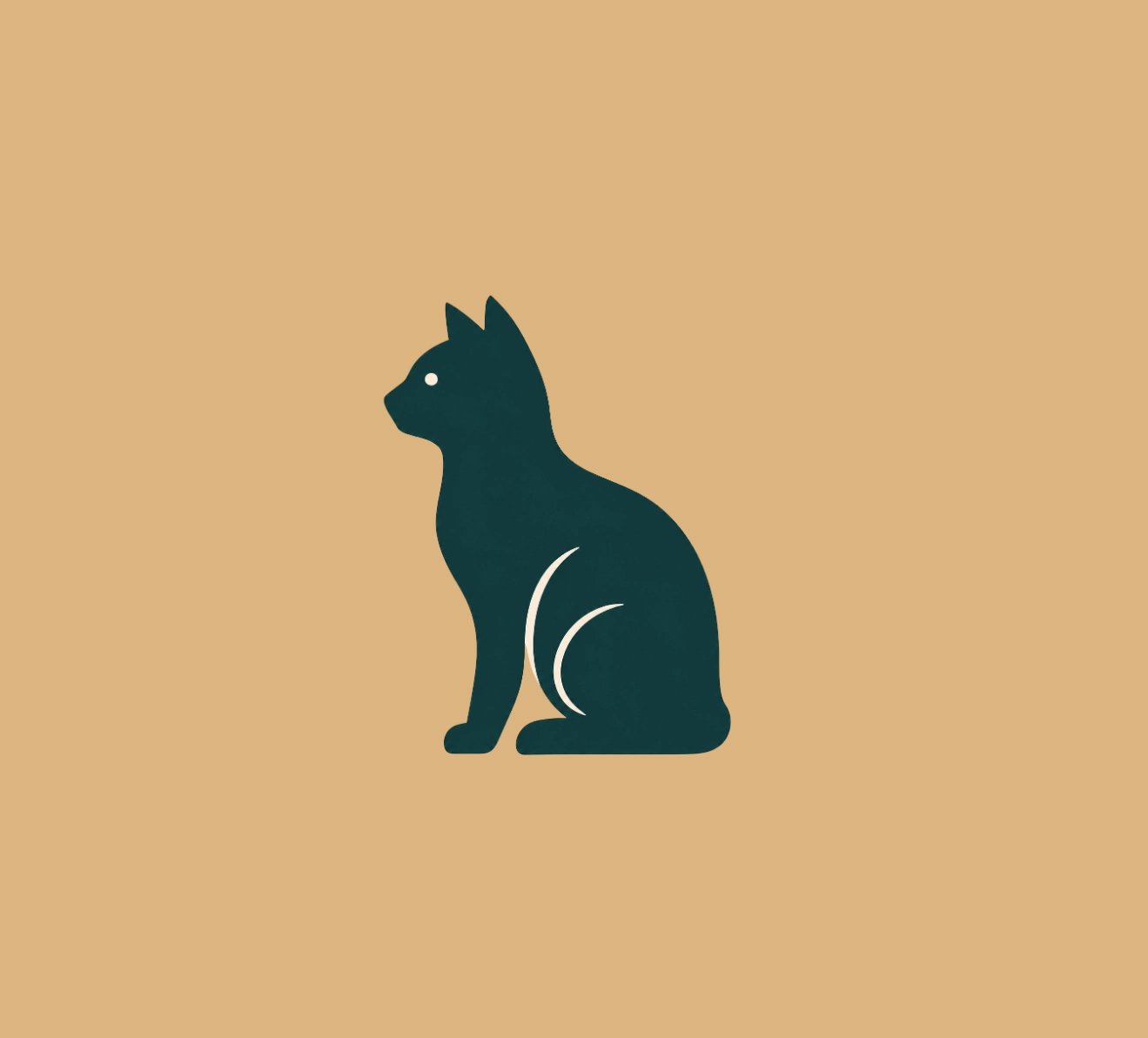 Minimalist dark green cat silhouette logo sitting upright on a tan beige background.