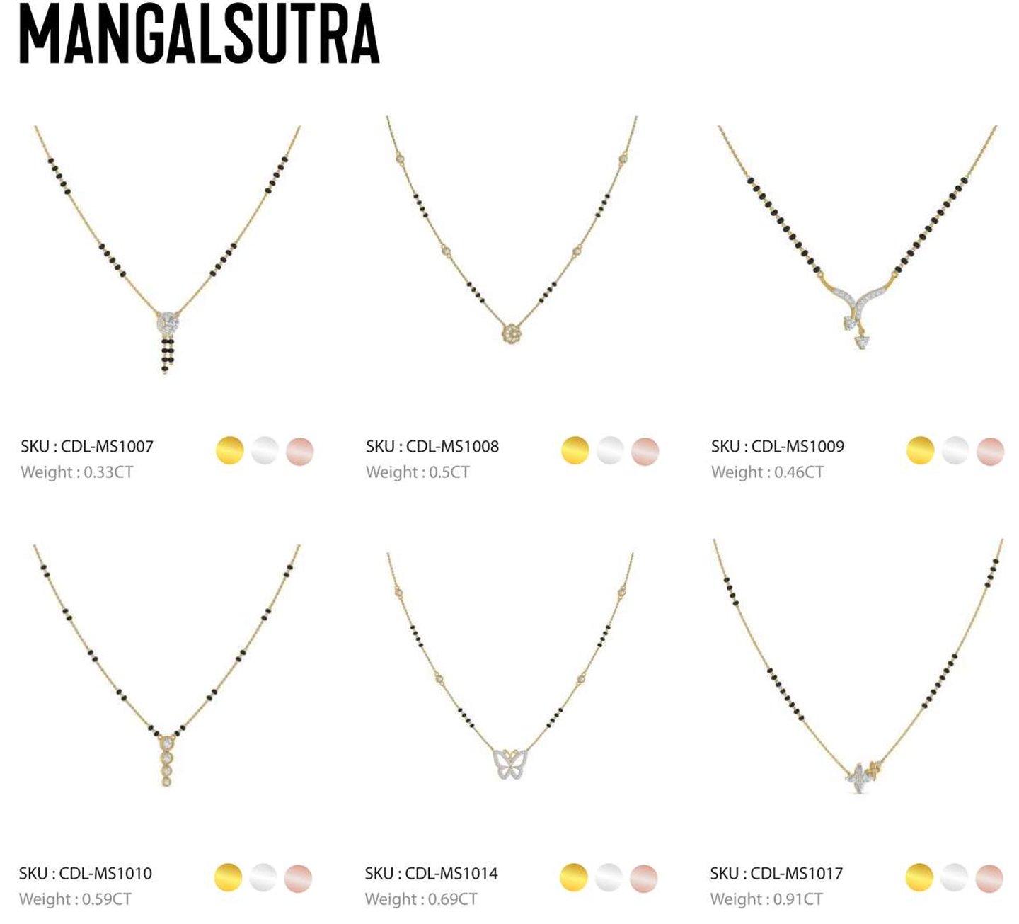 Collection of elegant gold mangalsutra necklace designs featuring diamond pendants and black beads.