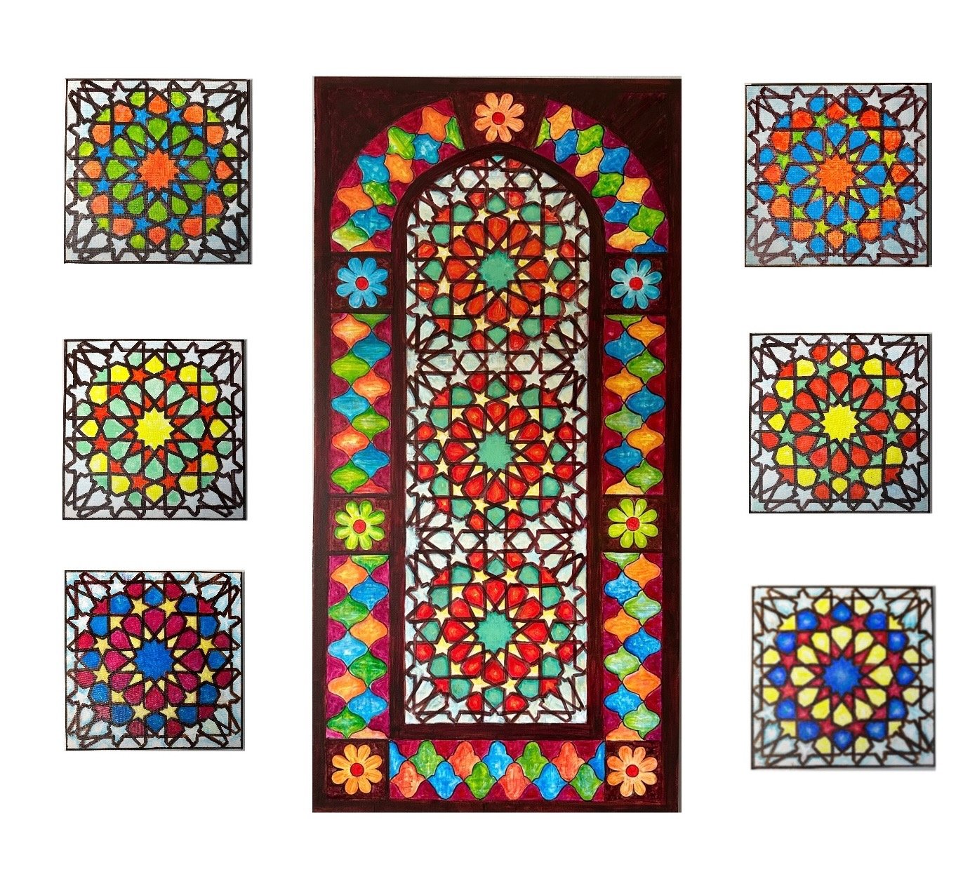 A set of one large 24x48 and 6 small 12x12 paintings of middle eastern stained glass windows