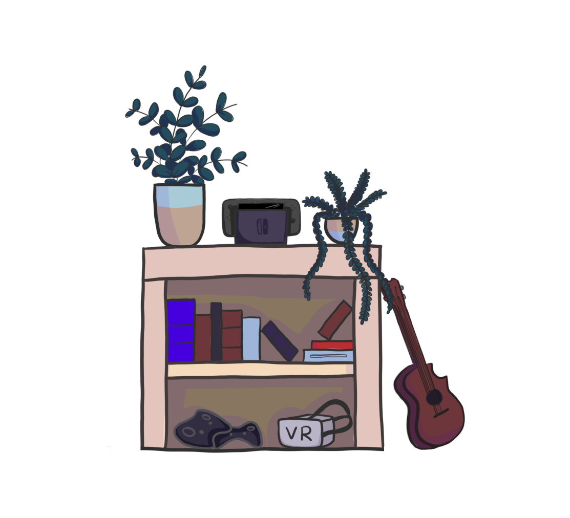 Drawers wit plant, nintendo switch, VR, and ukulele