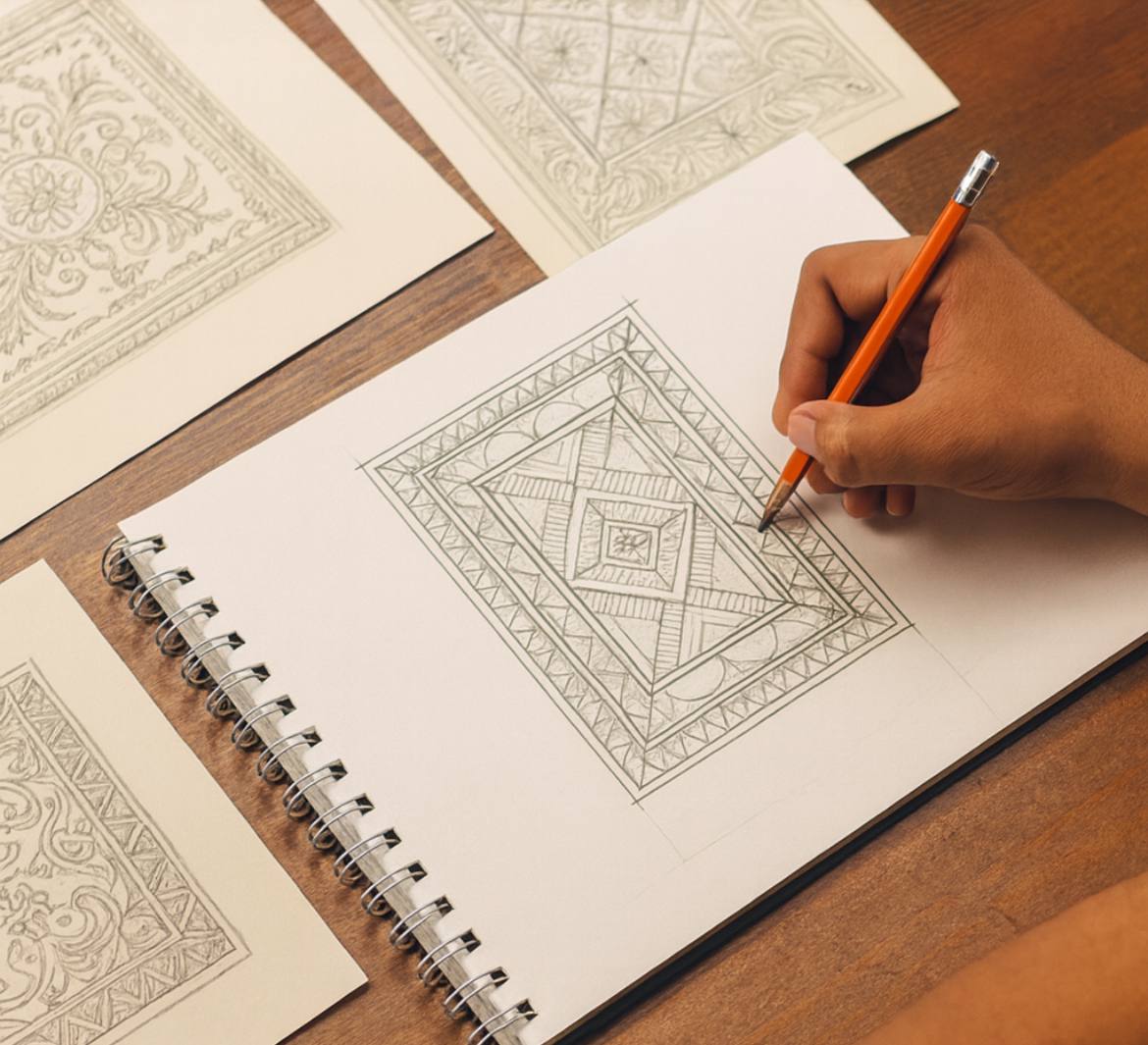 Hand-drawn rug design consultation sketch - Vezari Living