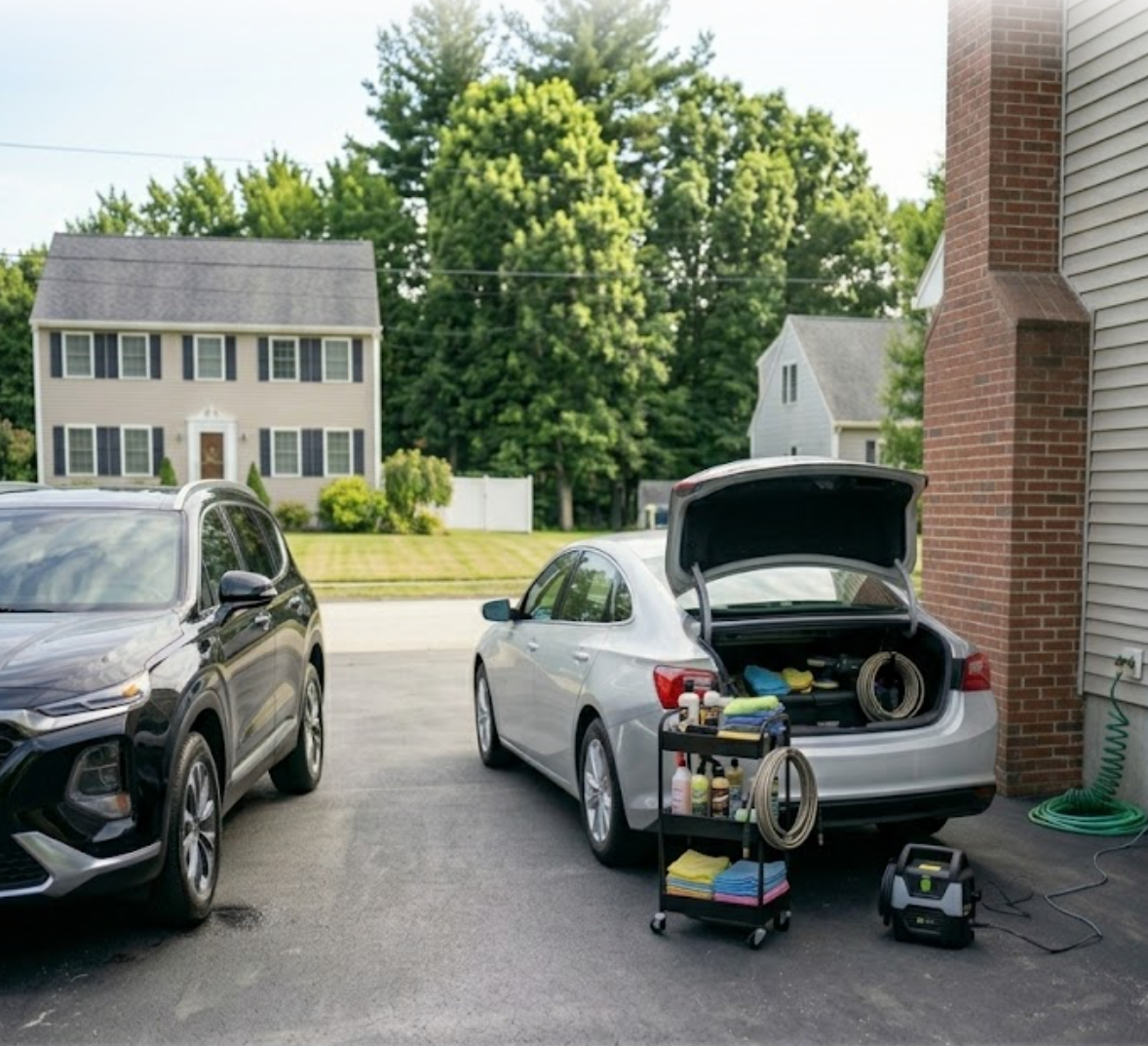 Flawless Fontes mobile auto detailing setup in a Southern New Hampshire driveway