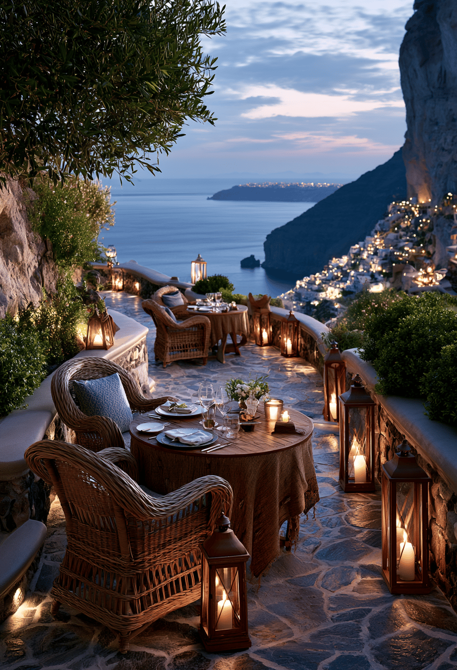 Romantic candlelit dinner on a cliffside terrace overlooking the Mediterranean sea at twilight.