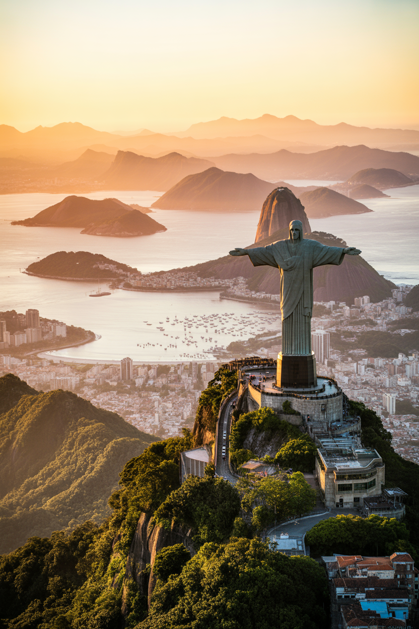 Christ the Redeemer statue overlooking Sugarloaf Mountain and Rio de Janeiro bay at sunset.