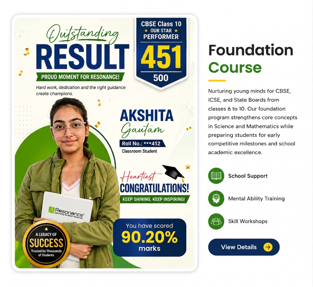 Resonance Foundation Course success poster featuring student Akshita Gautam with a 90.20% CBSE score.