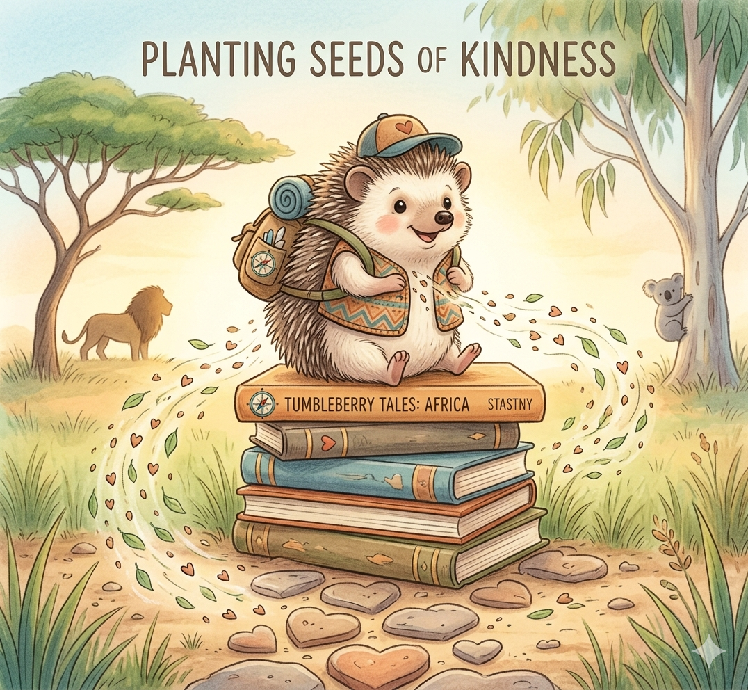 Tumbleberry Hedgehog sitting on books in African savanna setting