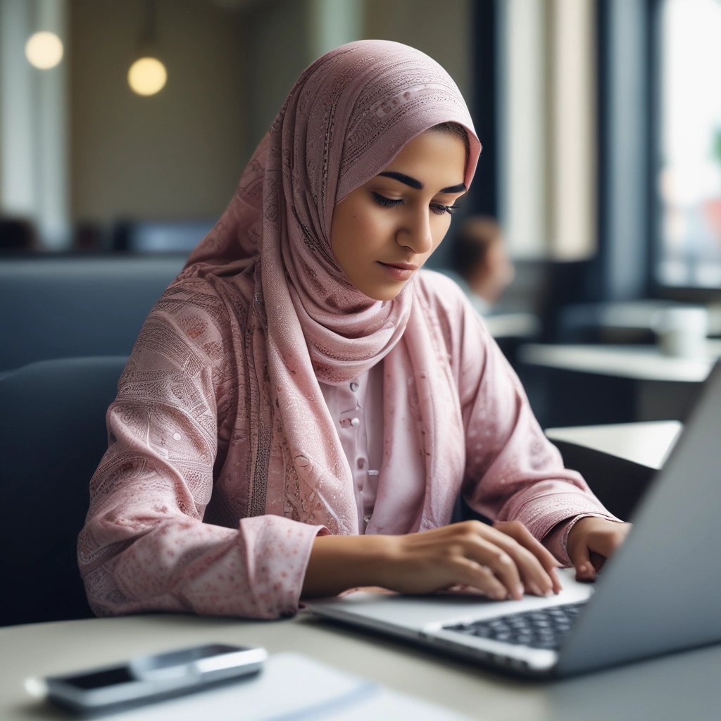 Portrait of Zaisha Fatima working on a laptop in a bright, modern workspace.