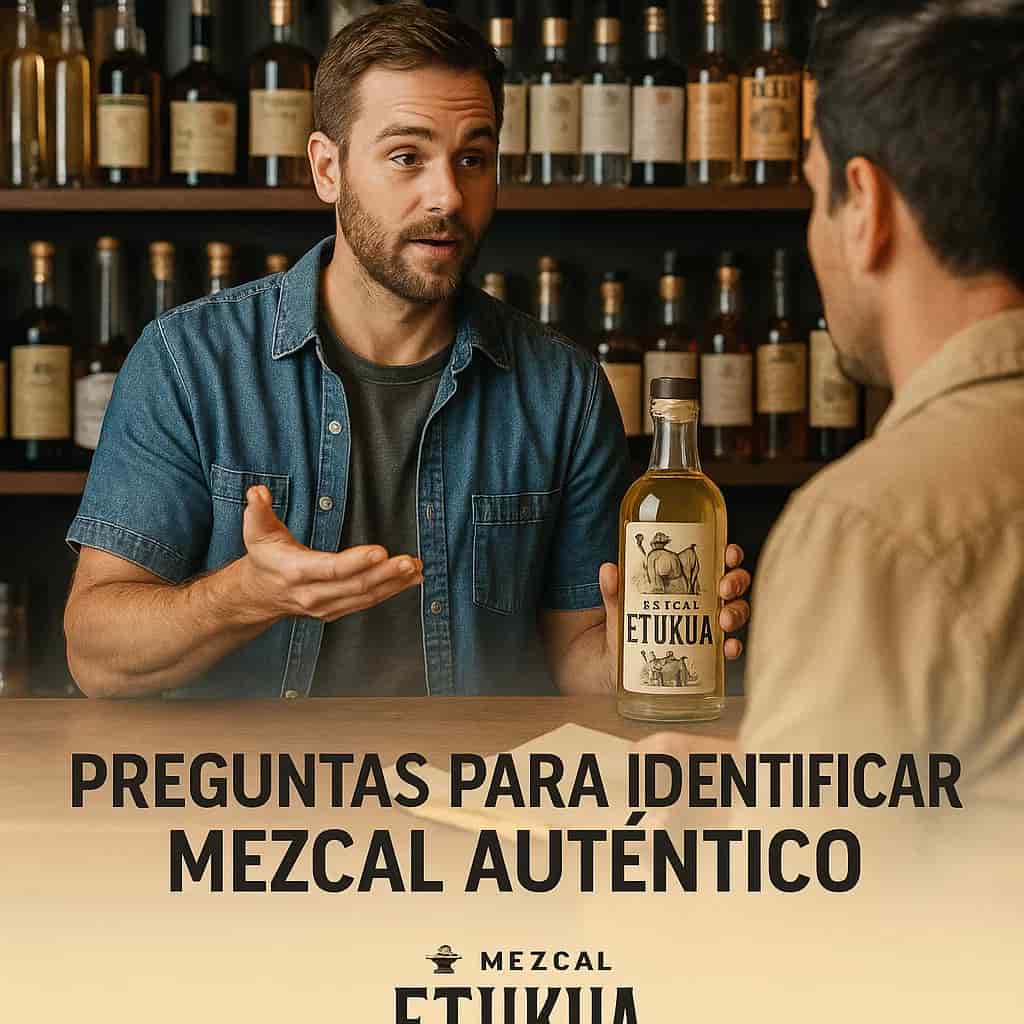 Persona haciendo preguntas a un vendedor de mezcal en una tienda especializada