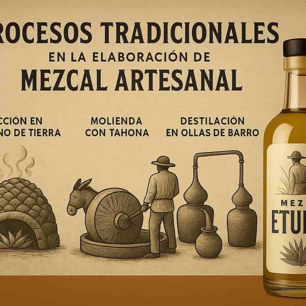 Secuencia de imágenes mostrando cocción en horno de tierra, molienda con tahona y destilación en oll