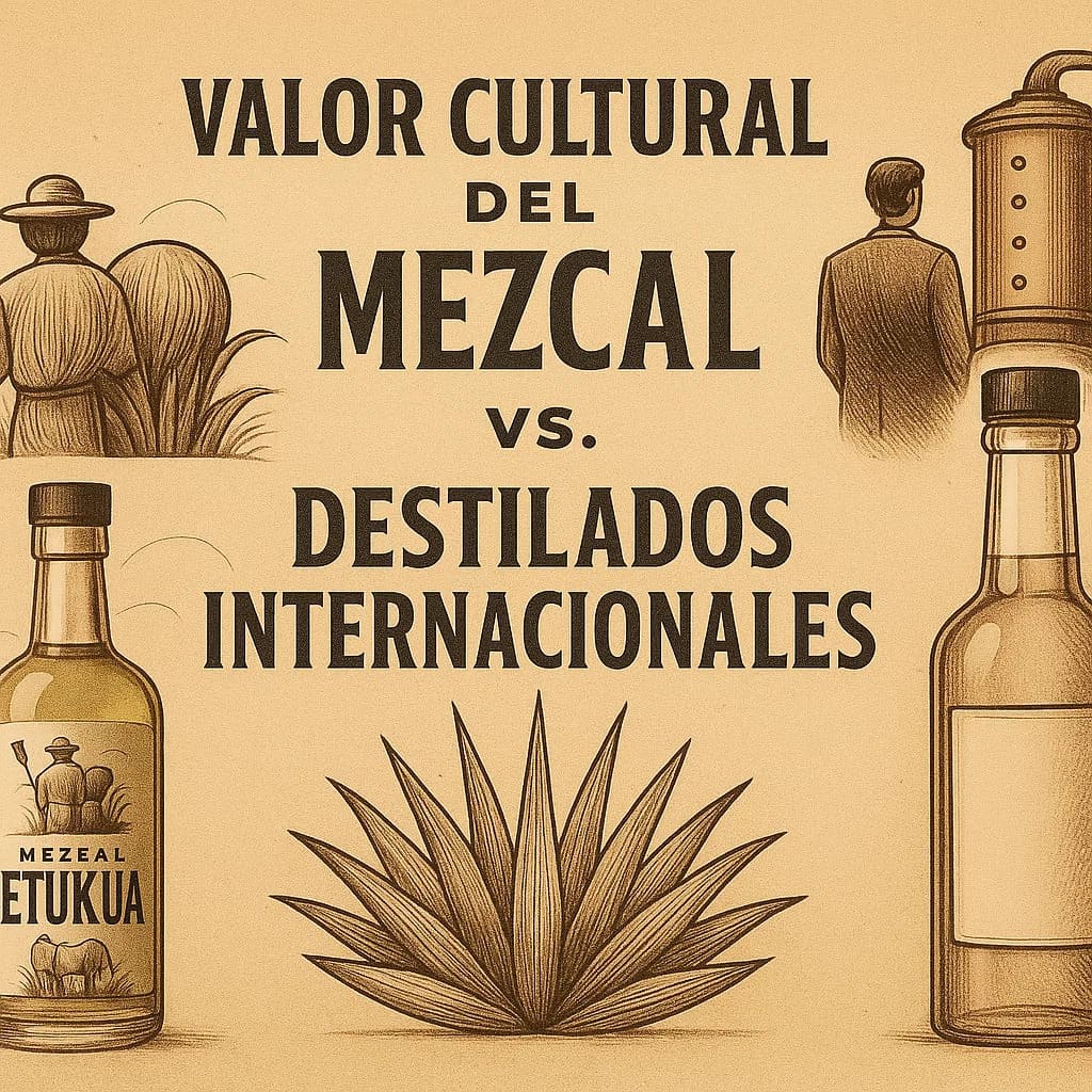 Infografía que compara precios promedio de mezcal artesanal, whisky, tequila, ginebra y ron en el me