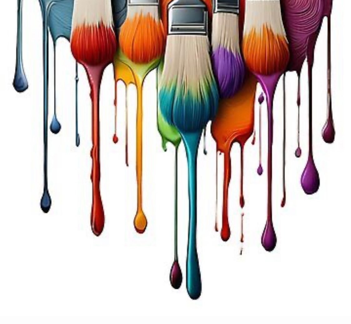 Colorful paintbrushes with dripping rainbow paint on white background,symbolizing creativity and art
