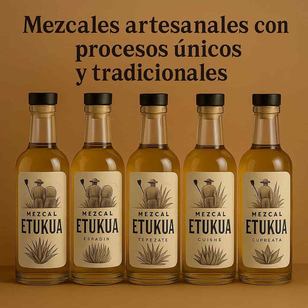 Colección de botellas de mezcal artesanal con diferentes magueyes y métodos de producción