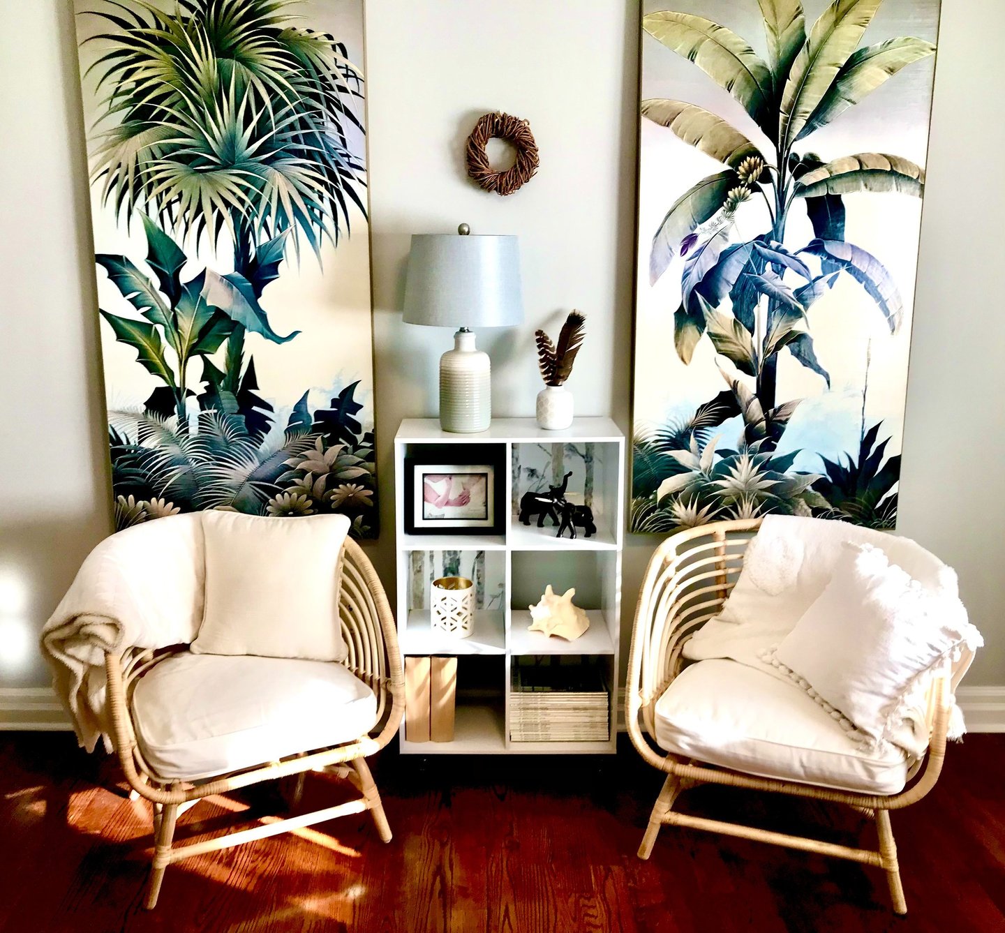 tropical pictures and rattan chairs in an office