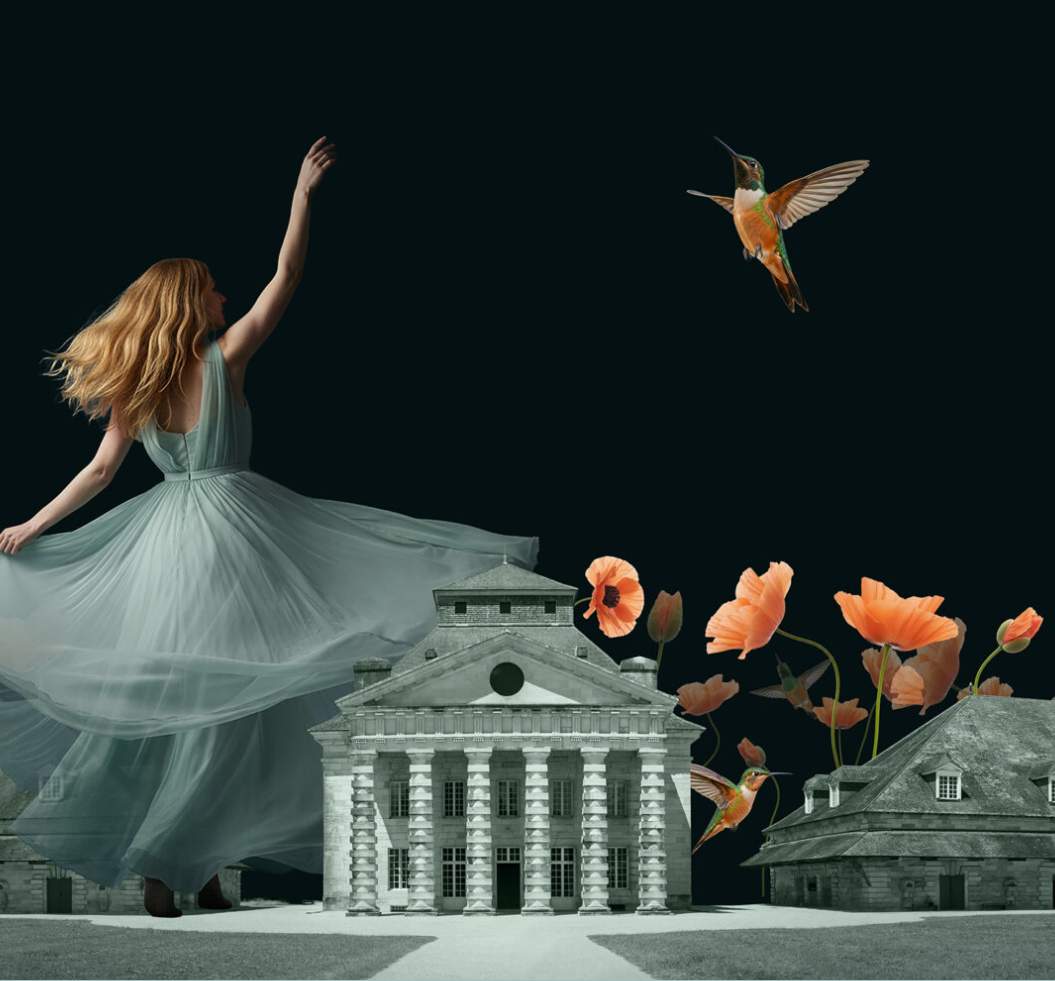 Surreal digital collage featuring a giant dancing woman, historic stone buildings, hummingbirds, and orange poppies.